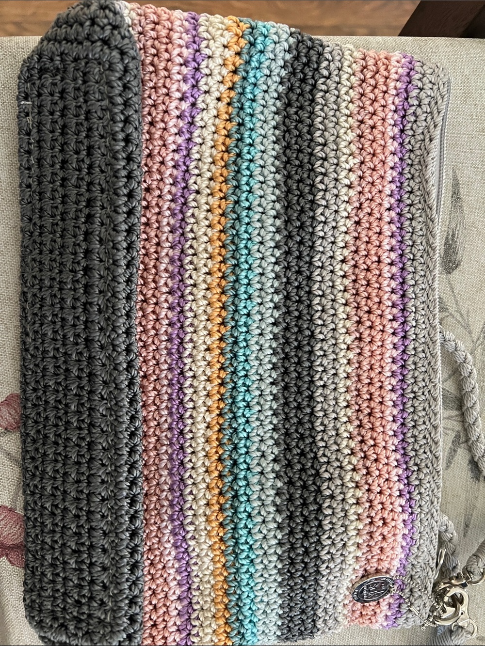 The Sak Crocheted Stripe Wristlet in Gray, Pink, Purple & Cream